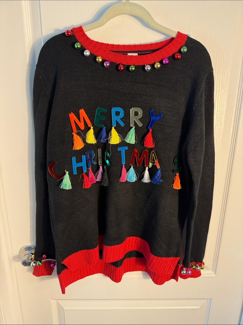 Women’s Black Merry Christmas Tassel Sweater with Red Trim and Balls NWOT Size L